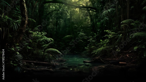 An evocative image of a verdant forest landscape with a winding river, bathed in the soft glow of natural light