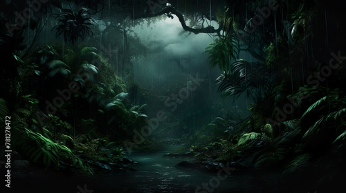 Fototapeta Naklejka Na Ścianę i Meble -  A serene and mysterious tropical jungle scene with a river flowing silently, enveloped by mist and lush foliage