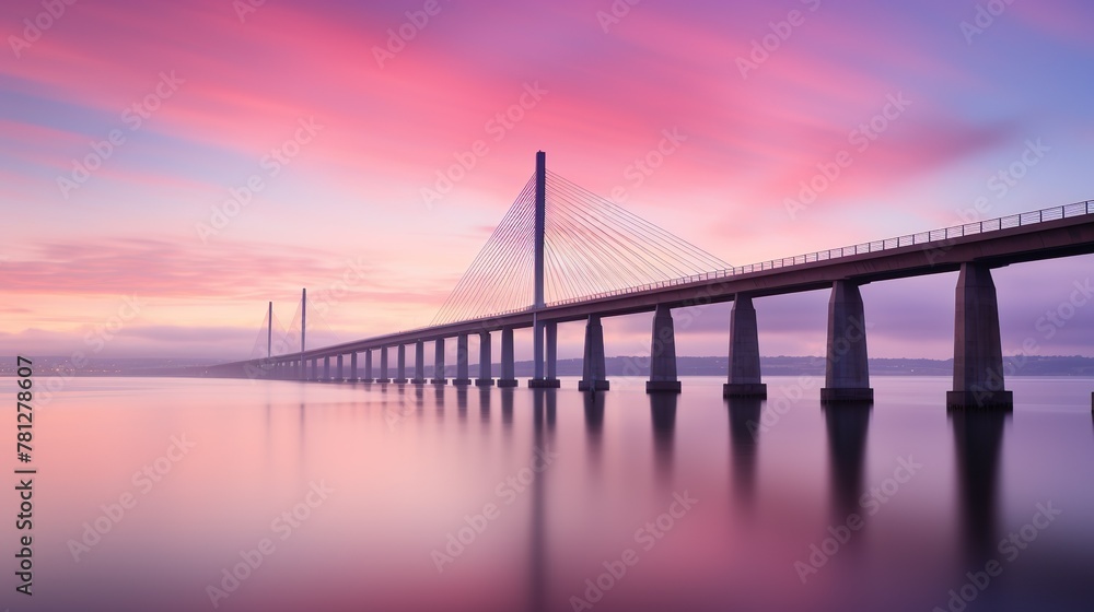 A serene landscape with a suspension bridge at sunrise, reflecting vibrant pinks and purples over calm waters