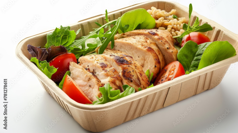 A vibrant takeout box filled with a colorful chicken salad A vibrant takeout box filled with a colorful chicken salad