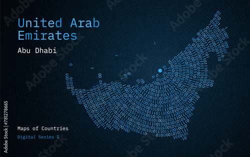A map of United Arab
Emirates depicted in zeros and ones in the form of a circle. The capital, Abu Dhabi, is shown in the center of the circle