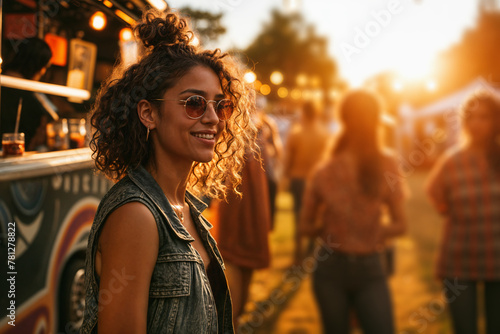 Young woman enjoying summer evening at food truck festival. Generative AI image