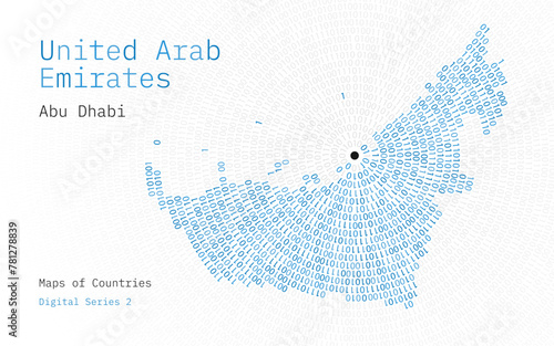 A map of United Arab
Emirates depicted in zeros and ones in the form of a circle. The capital, Abu Dhabi, is shown in the center of the circle