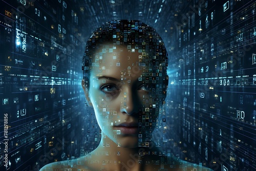 AI in human likeness processes big data. Cyborgs in the future. Network connection and data sorting. #781278856