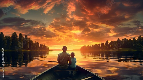A serene scene capturing a father and son sitting in a canoe on calm water, with a stunning sunset backdrop