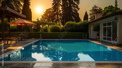 Countryside pool care. clean backyard pool setup and maintenance tips for a beautiful outdoor space © chelmicky