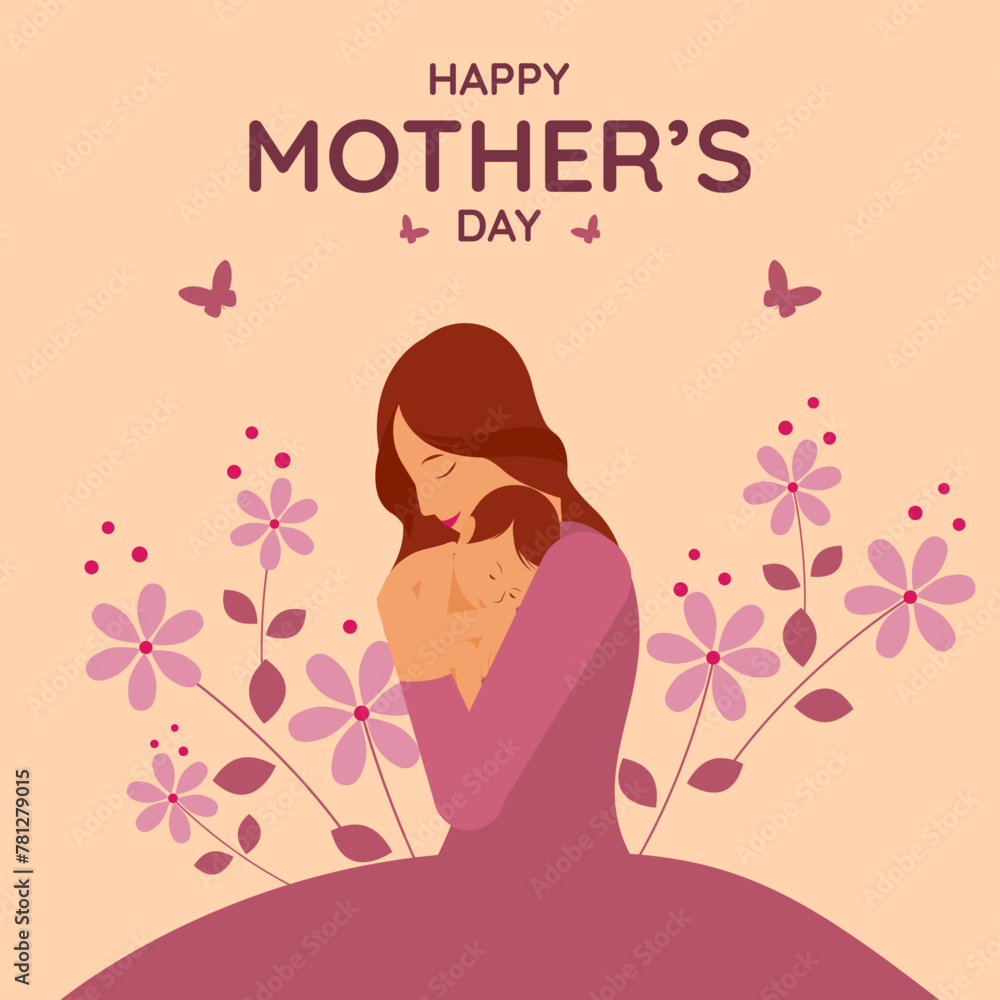 Happy Mother's Day greeting card. Vector illustration banner design with mother and her child in floral background. Happy Mother's Day greeting card. Vector illustration banner design with mother and her child in floral background.