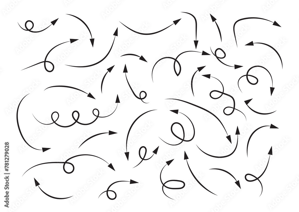Doodle arrows. Hand drawn line pointers, pencil sketch elements, round curly wavy direction arrows. Vector linear black arrow set. Used in web , templates . Isolated on white background in eps 10.