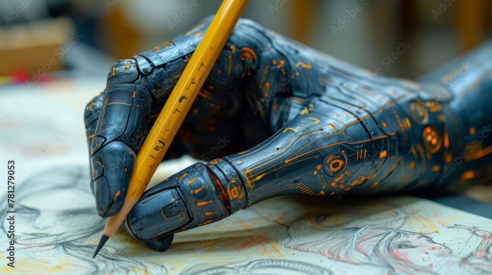 Fototapeta premium Depiction of a robotic hand creating a sketch of itself on paper, representing the advancement of AI and cutting-edge technology.