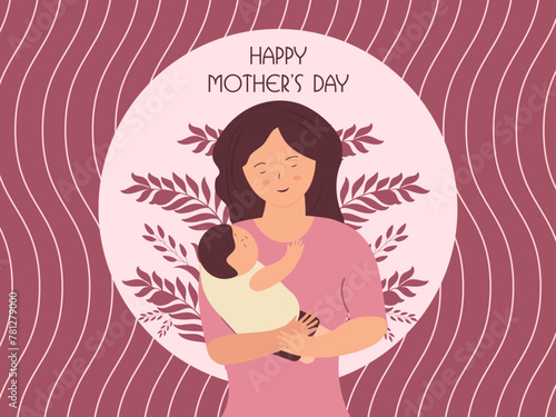 Happy Mother's Day greeting card. Vector illustration banner design with mother and her child.