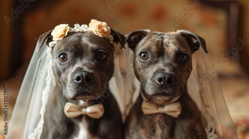 Two dogs are adorned in bridal veils and floral headdresses