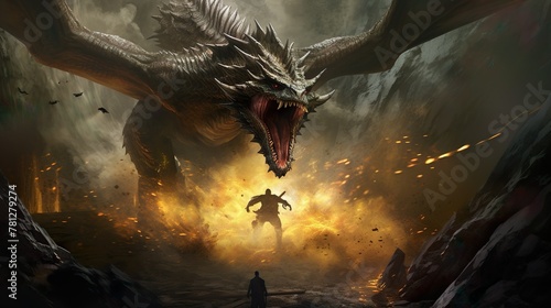 A climactic moment captured as a lone warrior stands against a dragon's fiery breath, symbolizing the ultimate showdown