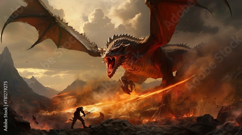A dramatic encounter unfolds as a fearless warrior with a glowing sword confronts a roaring dragon in a blazing inferno photo