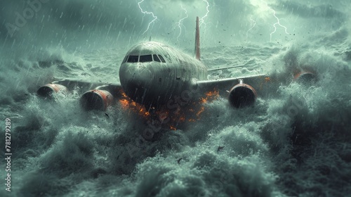 Witness the aftermath of a plane crash with a passenger plane. An airliner descending into the turbulent ocean amidst a storm.