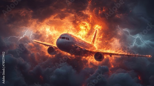 A fiery plane lights up the dark sky, a catastrophic crash during takeoff. The plane devoured by flames in midair.