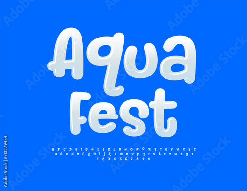 Vector playful logo Aqua Fest. Funny White Font. Glossy handwritten Alphabet Letters and Numbers.