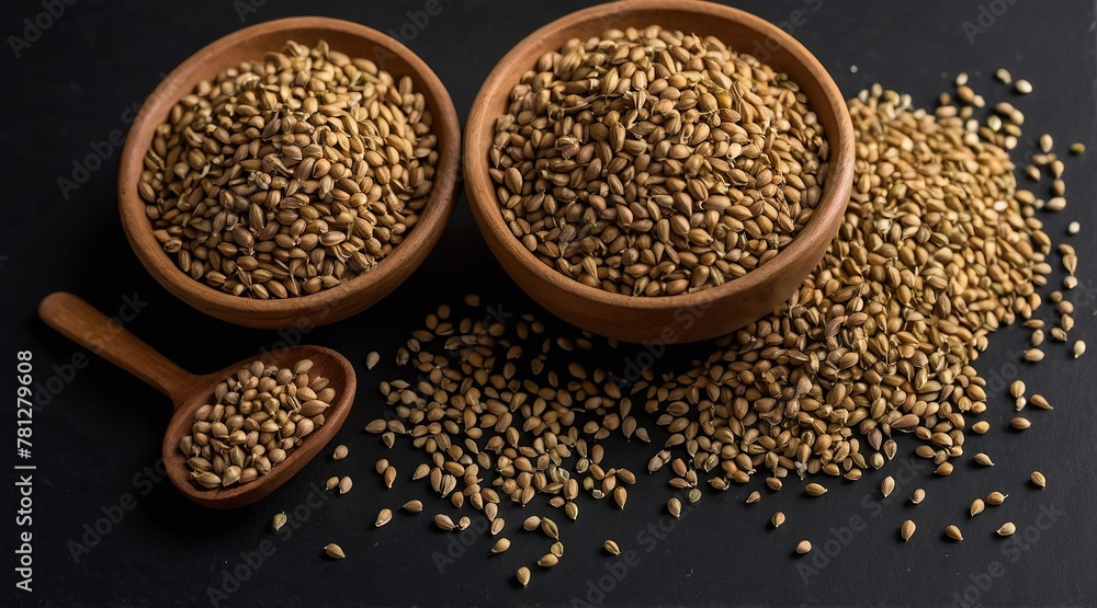 Obraz premium Coriander (seeds) on a black background.