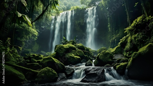 A breathtaking view of a magnificent waterfall cascading amid vibrant green foliage in a serene rainforest