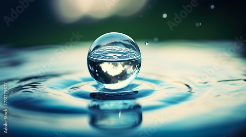 A serene water drop balanced perfectly in the center of a crystal ball on a calm water surface