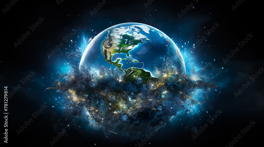 Fototapeta premium This artwork conveys our planet Earth in a unique, vibrant form, combining real geography with an abstract cosmic background