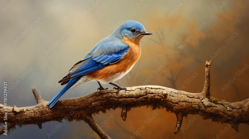 A vibrant Eastern Bluebird is captured perching on a barren branch with a soft-focus autumn backdrop, emphasizing its colorful plumage