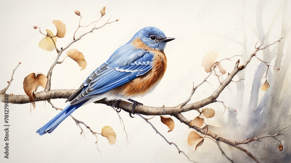 This artwork showcases a bluebird resting on a leafless branch, contrasting the life of the bird with the dormancy of autumn
