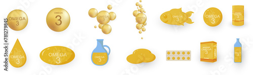Omega 3 icon in flat style on white background. Fish, oil bottle, pill capsule, softgel pills, vector realistic illustration. Nutrition omega 3 composition for poster, banner. Vitamin deficiency pill.