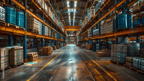 A large, industrial warehouse with finished products. A huge hangar-type room in an industrial enterprise photo