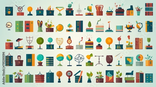 Collection of detailed flat icons grouped in themed sets, representing different activities and objects photo