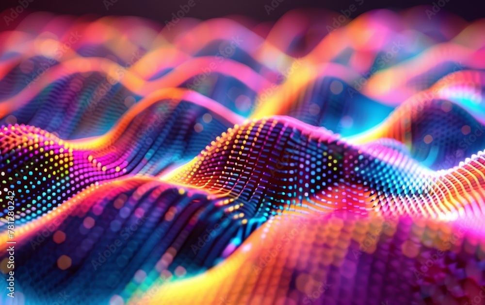 A digital landscape of neon mesh light waves undulating across a multicolored, textured background. A digital landscape of neon mesh light waves undulating across a multicolored, textured background.