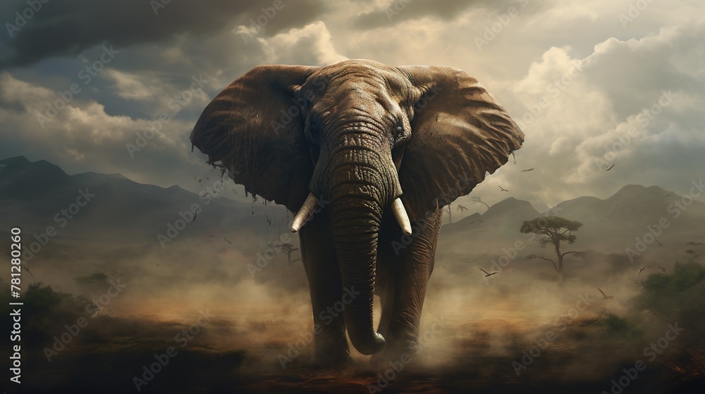 Fototapeta premium A powerful African elephant charges with great energy, stirring up dust as it moves through the savanna, symbolizing determination and freedom