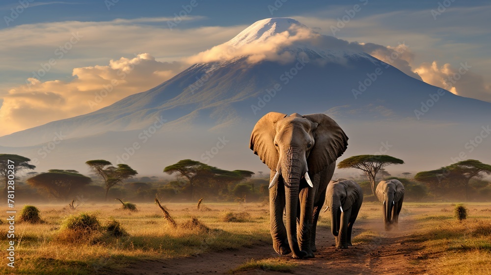 Fototapeta premium A family of elephants embarks on a journey across the plains with the iconic Mount Kilimanjaro in the background, exuding a sense of unity and heritage
