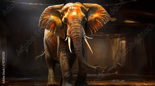 A powerful image of an elephant standing with a strong pose in a dramatic and moody lighting setting