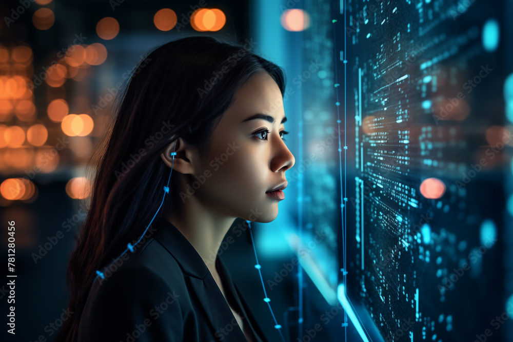 Obraz premium Focused Woman Analyzing Digital Data Display. Portrait of Asian Female Working on Computer, Line of Code Projected on Her Face. Generative AI