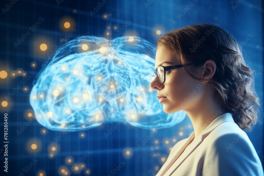 Woman Analyzing Brain Hologram. Scientist in glasses looking at medical data. Generative AI Woman Analyzing Brain Hologram. Scientist in glasses looking at medical data. Generative AI