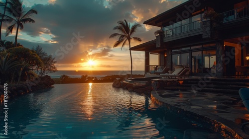 photo of a luxury home in kailua kona, hawaii  dramatic lighting, sunflare, cinematic © Rashid