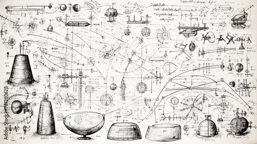 A sketch-filled image, showcasing intricate vintage drawings of various inventions and scientific concepts on a worn paper background