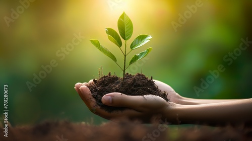 A serene and life-affirming image of a hand gently holding a small sapling in rich soil, backlit by warm sunlight photo