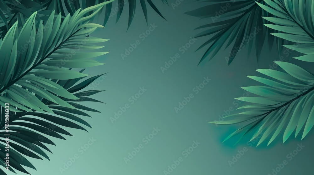 This image features a serene arrangement of tropical leaves casting shadows on a soothing teal backdrop, evoking a sense of calm