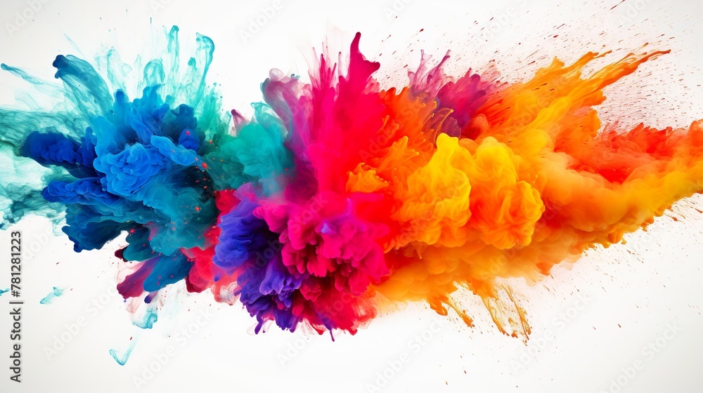 Eye-catching explosion of colored powders captured over a white backdrop, embodying energy and joy Eye-catching explosion of colored powders captured over a white backdrop, embodying energy and joy