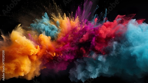 Intense burst of vibrant colored powders creates a stunning and dramatic effect on a dark background