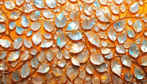 dekorative Vorlage mit Blätter Formen in Perlmutt auf Hintergrund in orange für Karten Geburtstag Liebe Grüße Einladungen Postkarte herzliche Wünsche Freundschaft Verpackungen Herbst Sommer photo