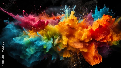 Dramatic composition of richly pigmented powders mid-explosion against a stark background