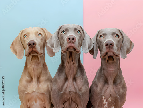 Weimaraner Dogs on a Soft Blue and Pink Background