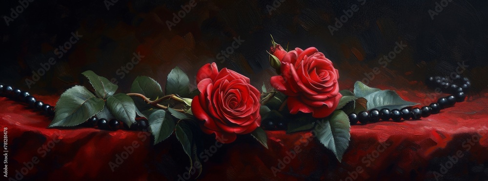 Red Roses on Red Cloth with Pearls on Black Background a Beautiful and Elegant Floral Still Life Painting