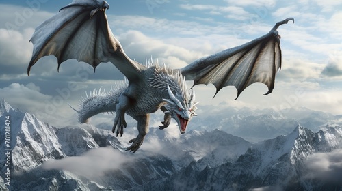 This image captures a grey dragon in mid-flight, gliding low over sharp, snow-capped mountains