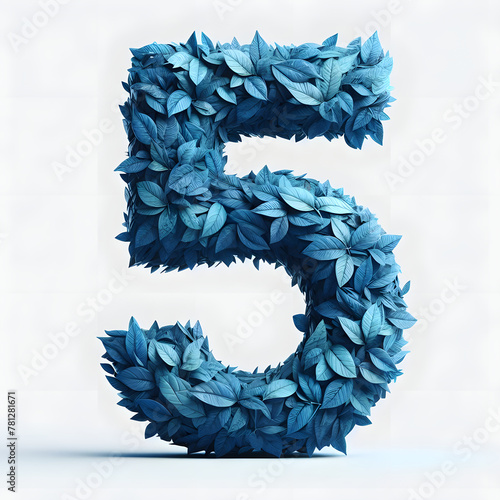 the number 5 is made out of blue Leaves, Isolated on a white background, leaves numbers concept, Creative Alphabet, numbers, Natural Blue
