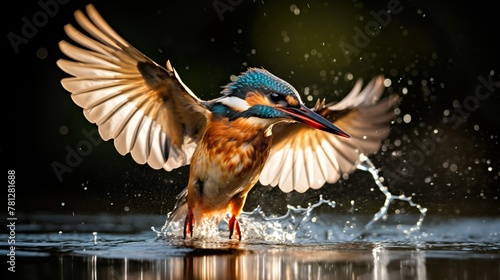 A vibrant kingfisher bird with wings extended mid-flight, capturing its movement and the beautiful water spray around it