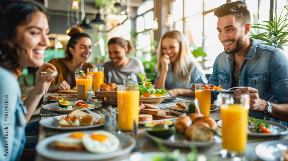 Group of young friends having fun together during brunch inside modern restaurant - Multiracial people eating and drinking healthy breakfast - Models by AI generative