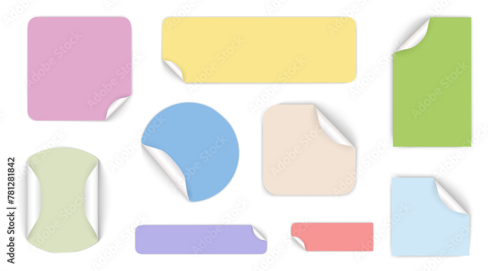 Set of round adhesive stickers with folded edges. Yellow paper sticker of different shapes with curled corners. Empty price tag templates. Mega savings, sale sticker set. Vector illustration